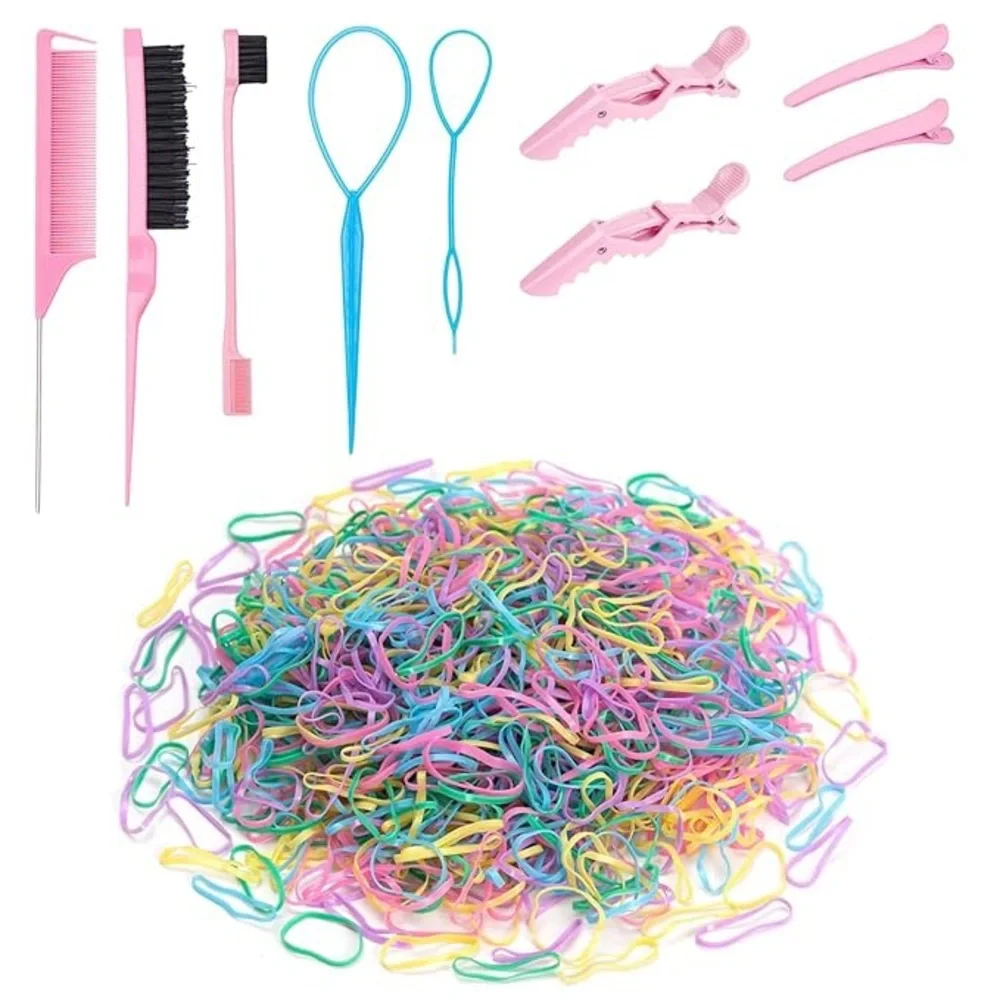 New 1200Pcs Colorful Elastic Hair Rubber Bands with Hair Braiding Tools